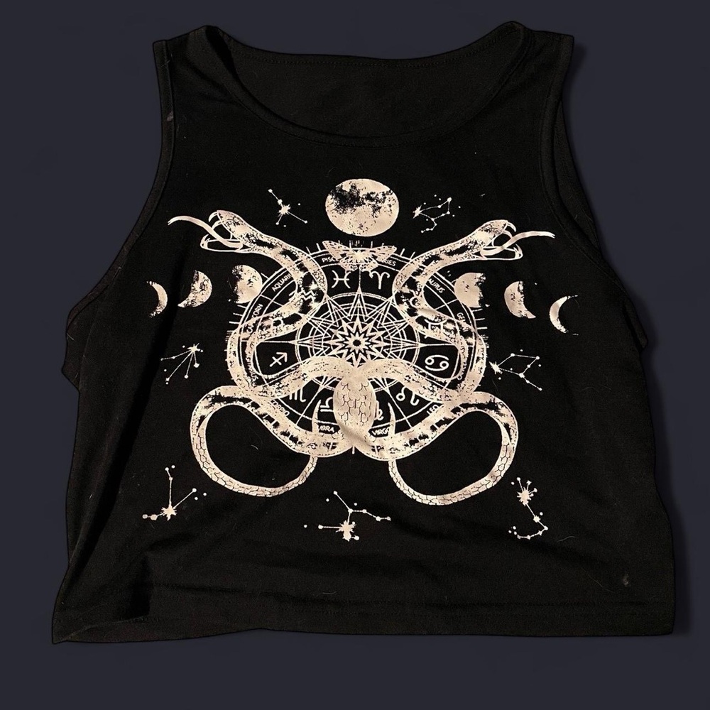 Black Tank Top with Celestial Snake Design